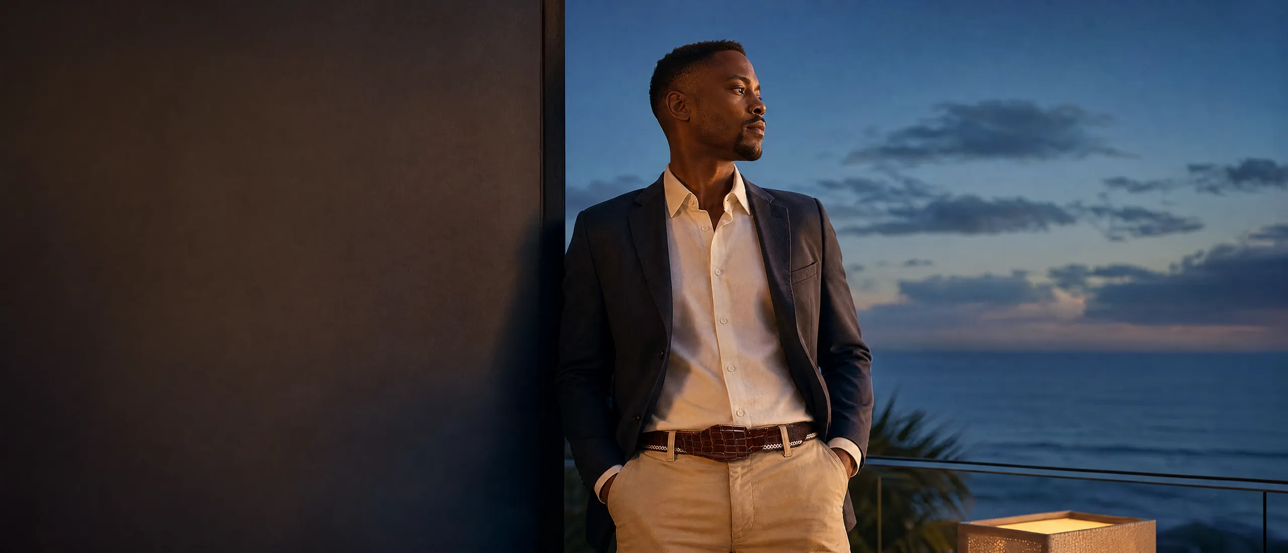 Man in a navy blazer on a hotel terrace above the sea in Umhlanga wearing a CHARGEO crocodile belly leather belt