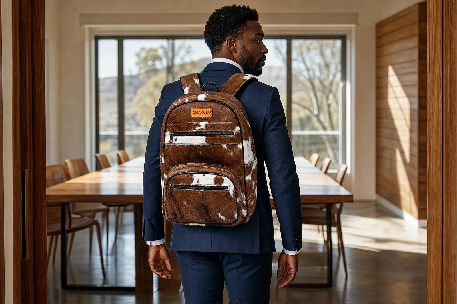 Man in a navy suit arriving at a meeting room wearing a CHARGEO Zulu Treasure Nguni hide leather backpack