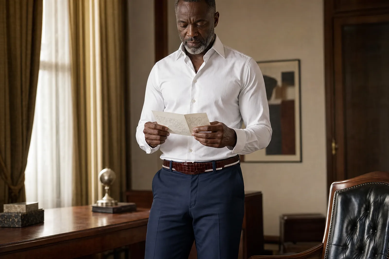 Man in his office reading a handwritten card, wearing a CHARGEO crocodile belly leather belt