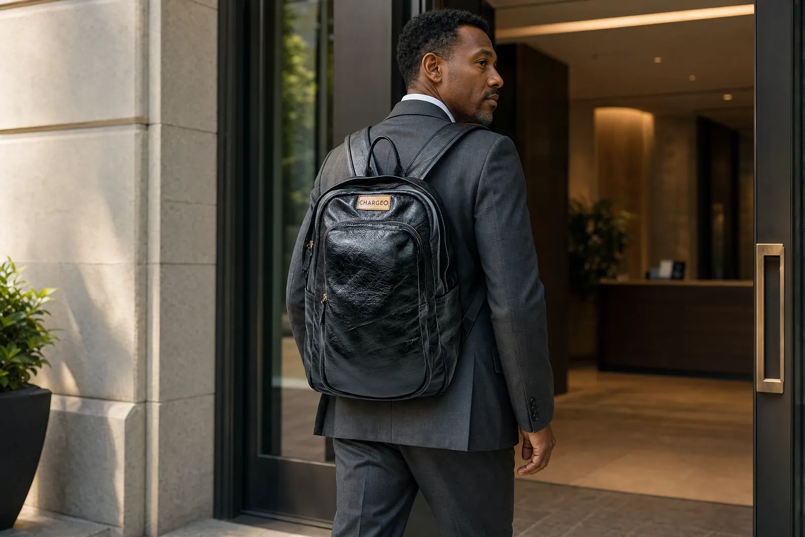 Man in a charcoal suit at a company reception wearing a CHARGEO charcoal leather backpack