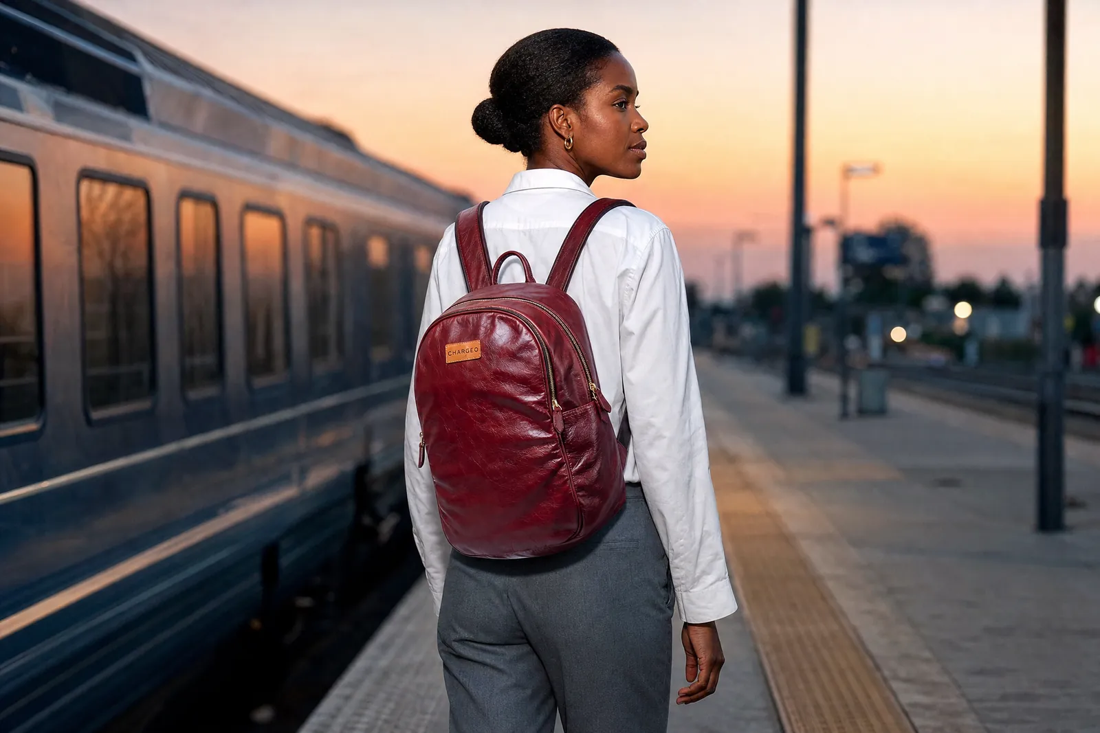 Woman on a commuter train platform at dusk wearing a CHARGEO Constantia Leather Backpack for Women