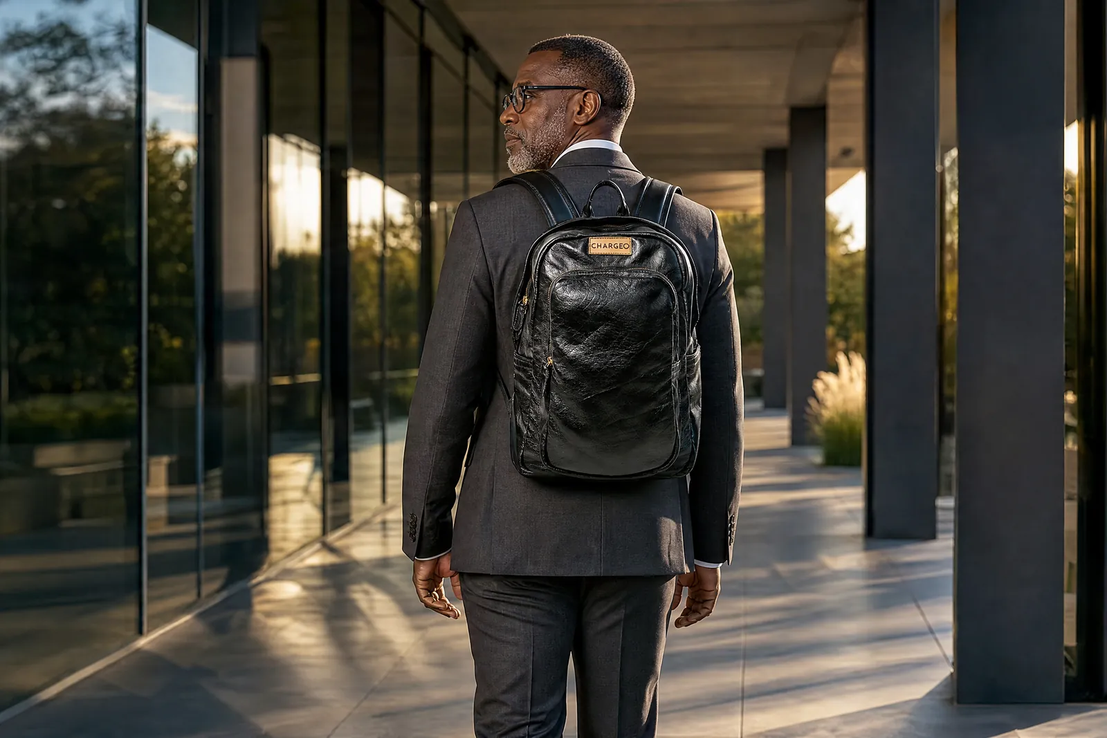 Man in a charcoal suit in a glass corridor in Sandton wearing a CHARGEO charcoal leather backpack