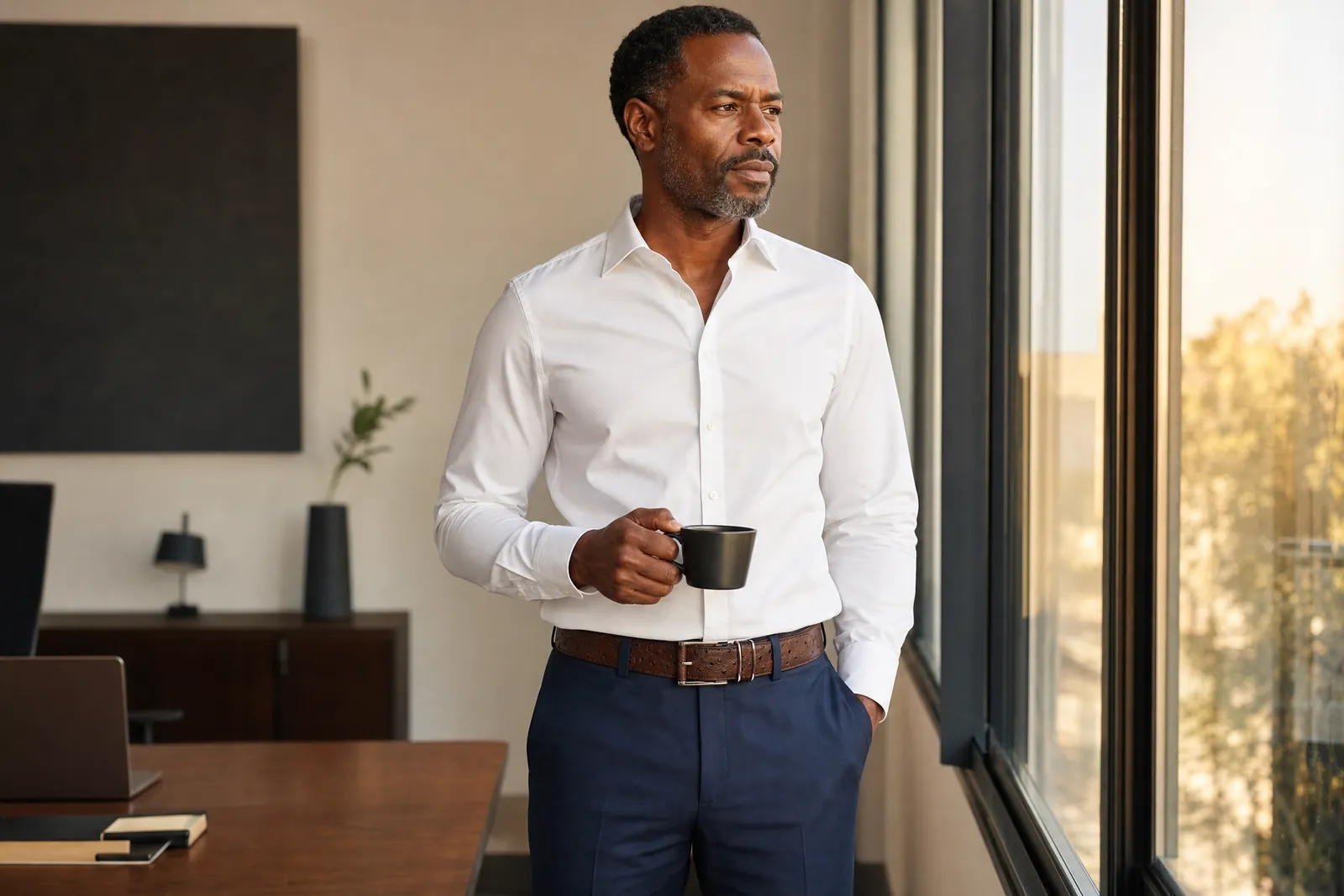 Man at an office window wearing a CHARGEO ostrich hide leather belt