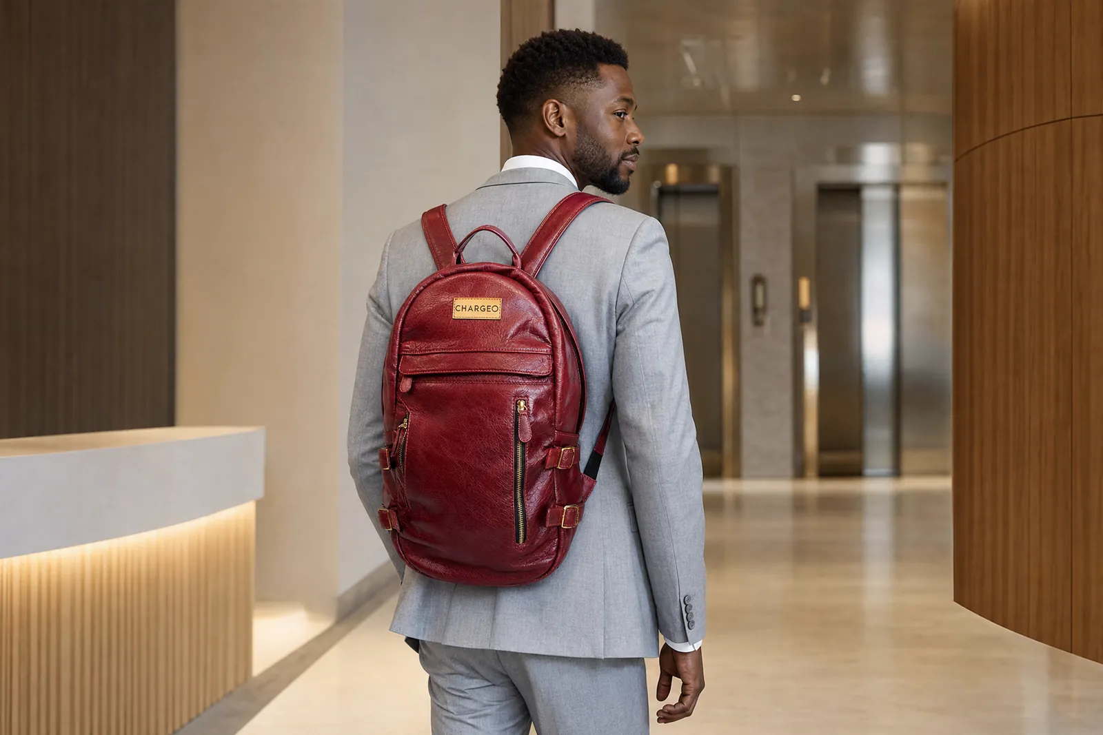 Man in a grey suit in an office reception wearing a CHARGEO RedRuby leather backpack