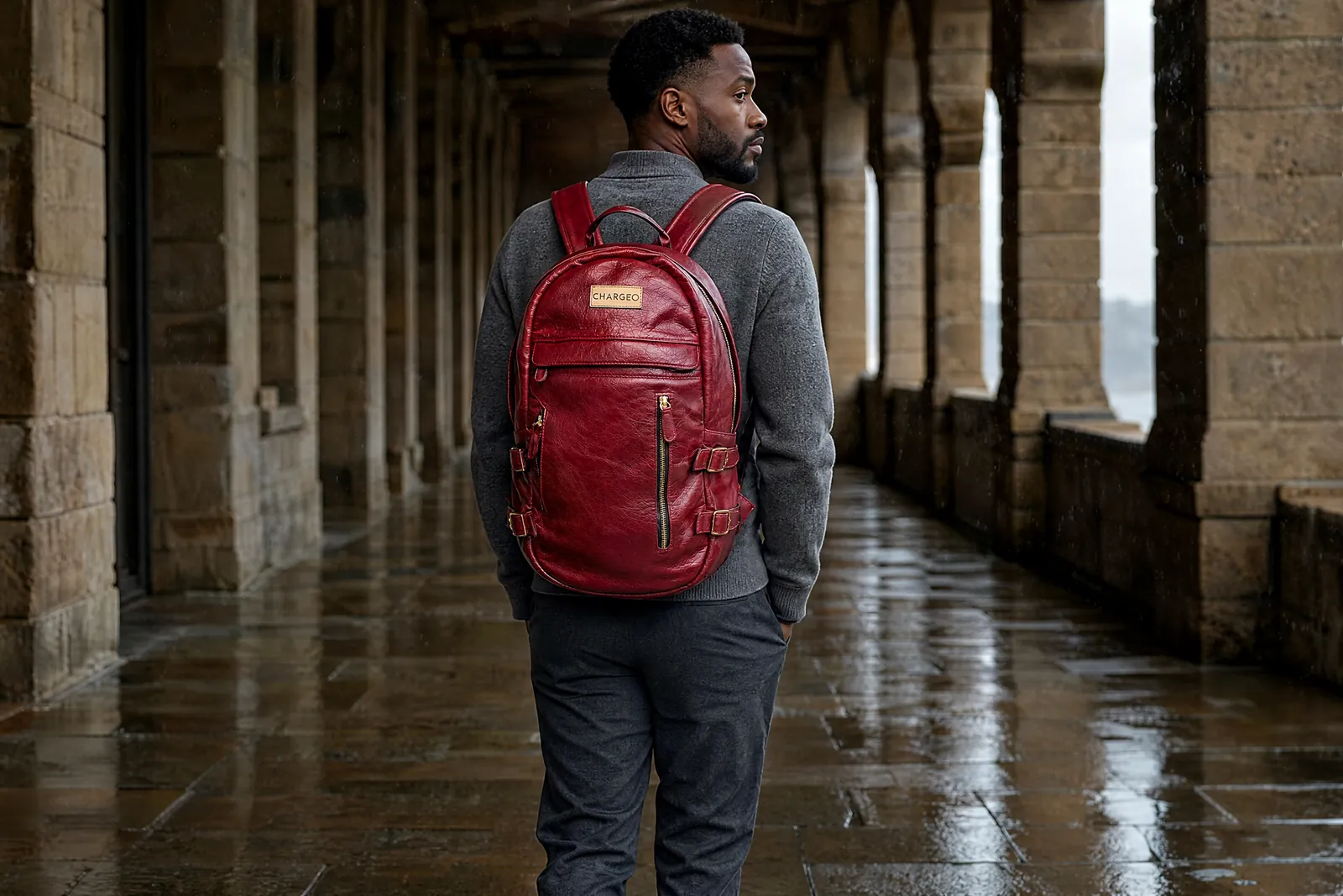 Man on a covered stone walkway in the rain in Cape Town wearing a CHARGEO RedRuby leather backpack