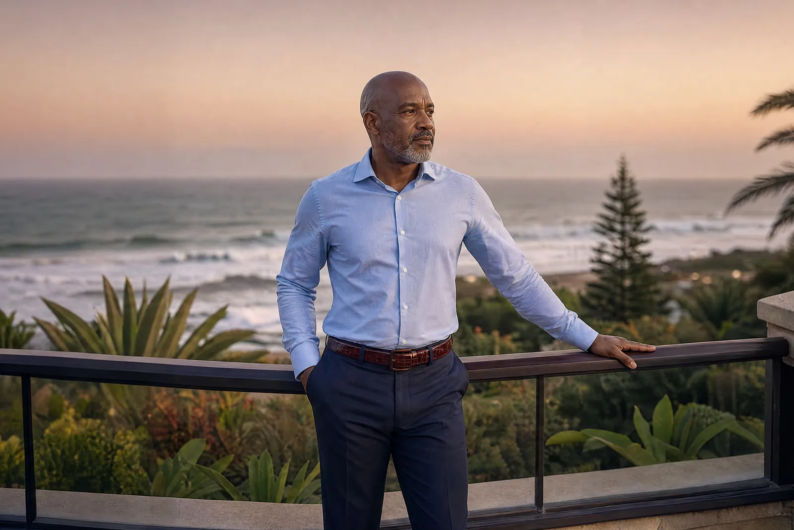 Man on a hotel terrace above the sea at uMhlanga wearing a CHARGEO crocodile belly leather belt