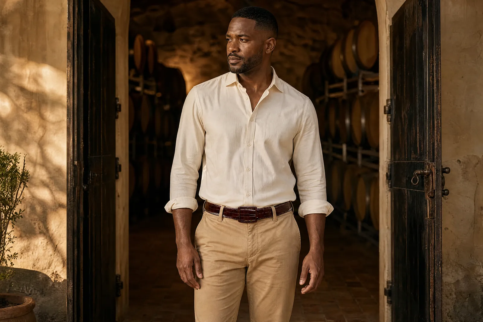 Man at the door of a wine cellar in the Cape Winelands wearing a CHARGEO crocodile belly leather belt