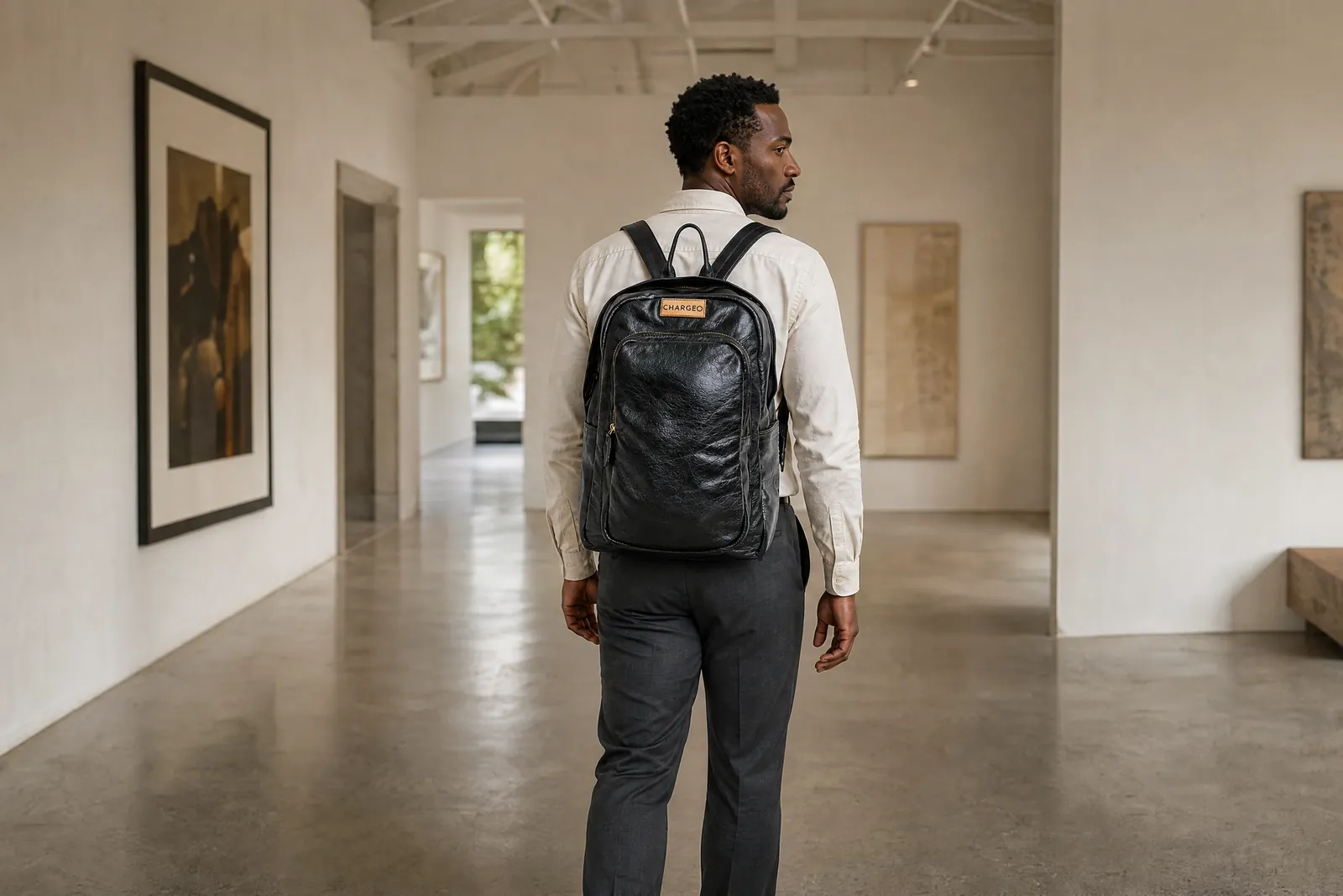 Man in a gallery in Franschhoek wearing a CHARGEO charcoal leather backpack