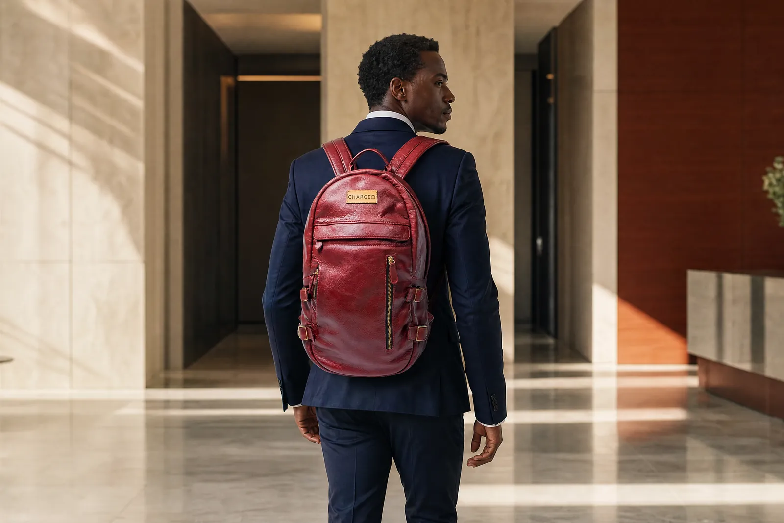 Man in a navy suit in a company reception wearing a CHARGEO RedRuby leather backpack