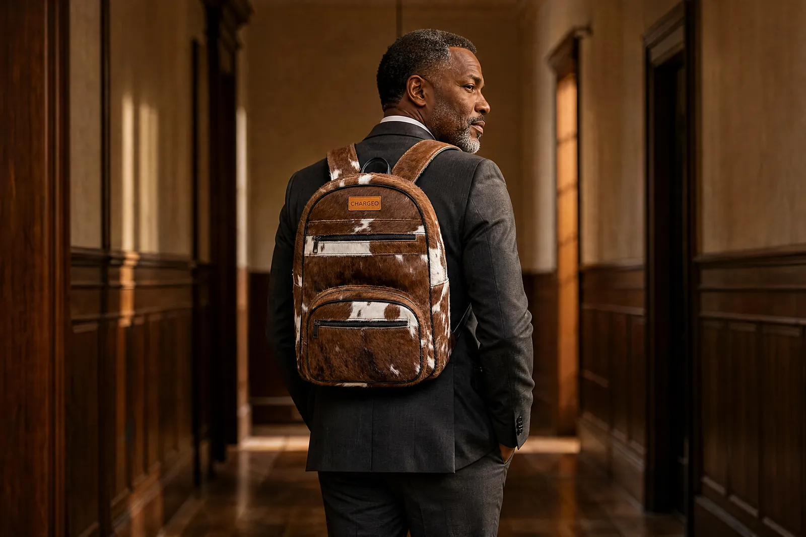 Man in a charcoal suit in the corridor of a law firm wearing a CHARGEO Zulu Treasure Nguni hide leather backpack