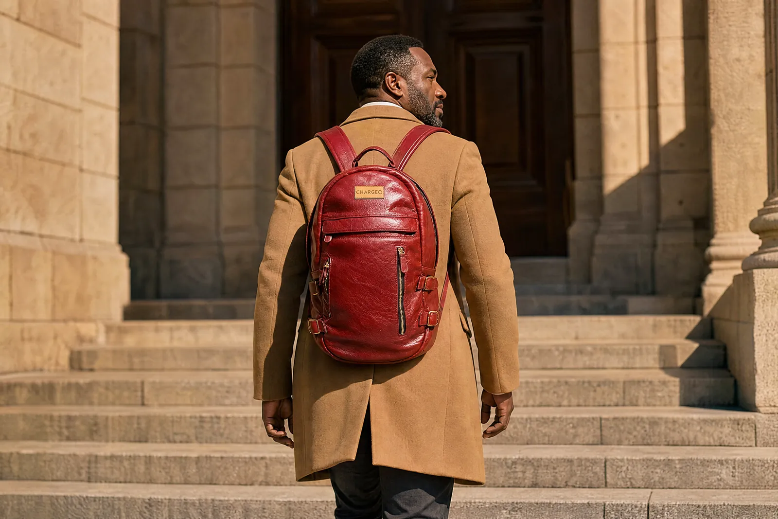 Man on the steps of a stone building in Cape Town wearing a CHARGEO RedRuby leather backpack