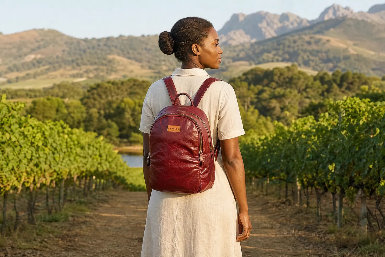 Woman in a linen dress among the vines of a Constantia wine estate wearing the CHARGEO Constantia Leather Backpack in RedRuby