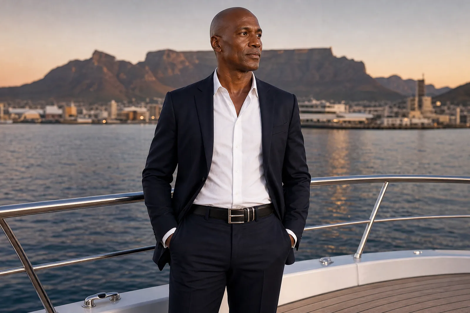 Man in a dark suit on a yacht at the V&A Waterfront, Table Mountain behind, wearing the black CHARGEO African Dawn Leather Belt