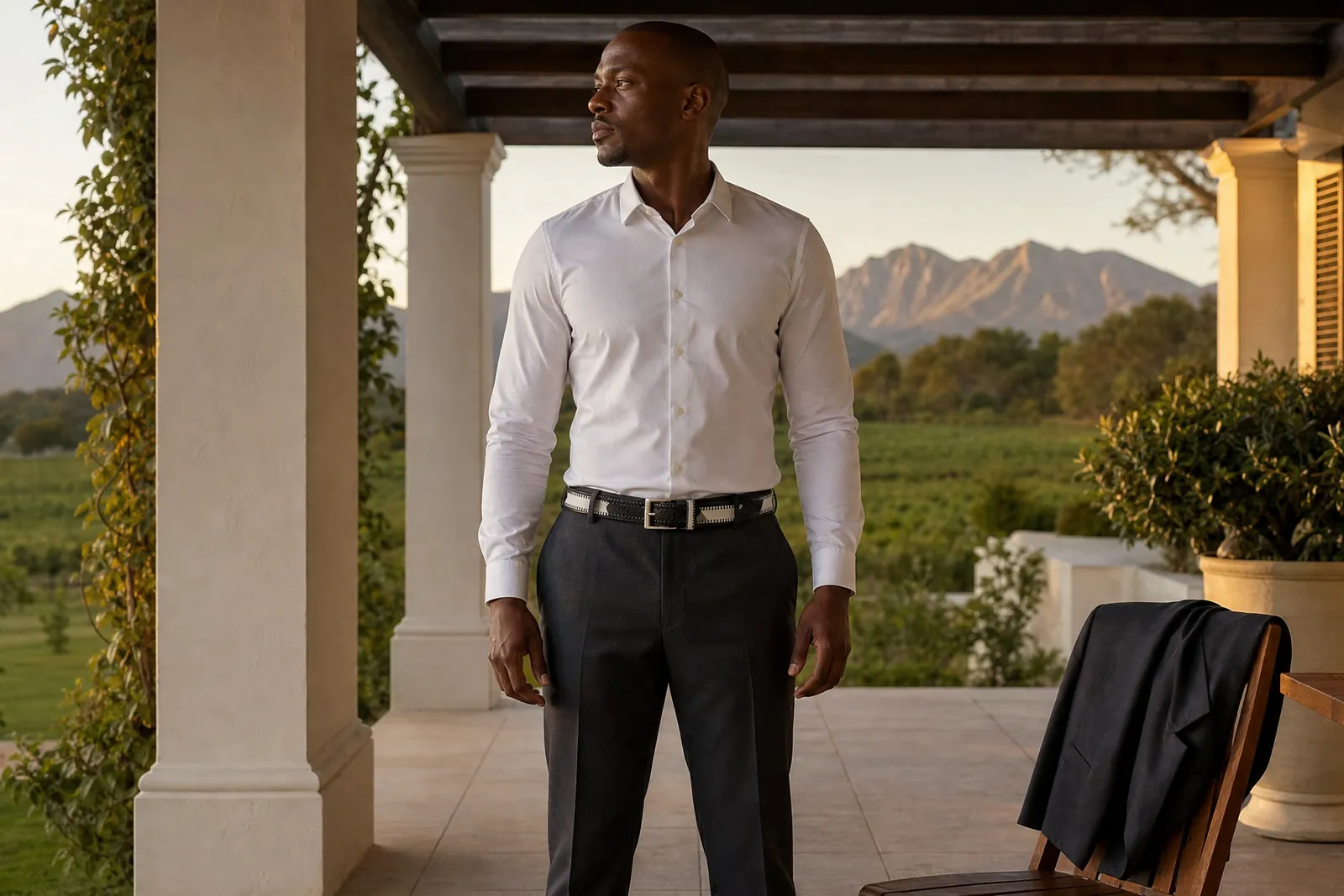 Man in a white shirt on a veranda at Val de Vie wearing the CHARGEO Zulu Treasure Nguni Hide Belt in black and white