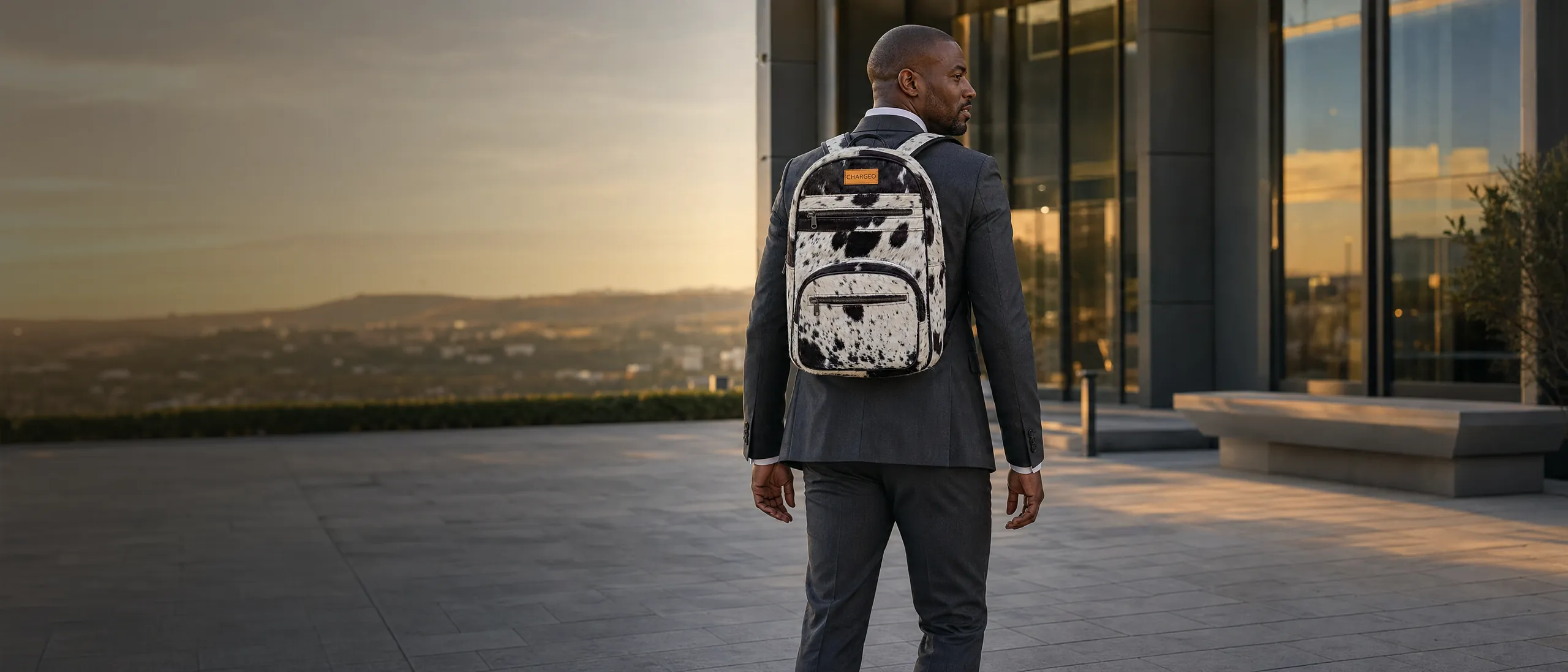 Man in a charcoal suit leaving an office tower in Sandton at golden hour wearing the CHARGEO Zulu Treasure Leather Backpack in black and white Nguni hide