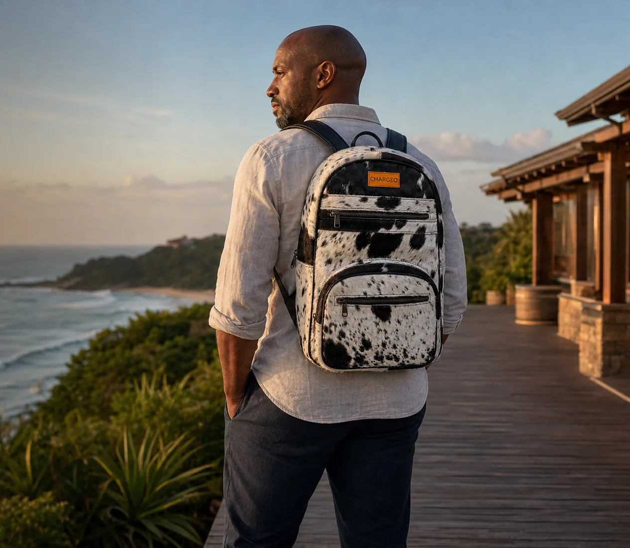 Man in a linen shirt on a veranda above the sea at Zimbali wearing the black and white CHARGEO Zulu Treasure Leather Backpack