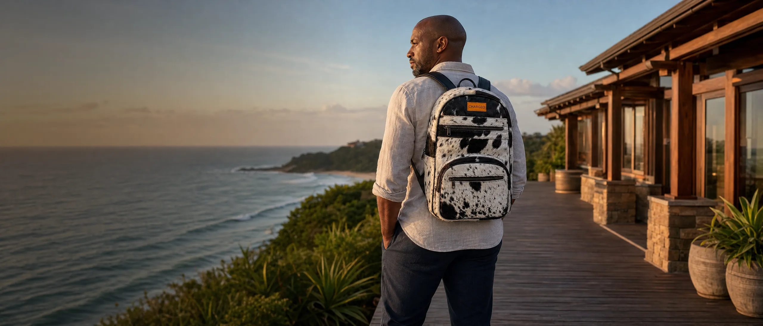 Man in a linen shirt on a veranda above the sea at Zimbali wearing the black and white CHARGEO Zulu Treasure Leather Backpack