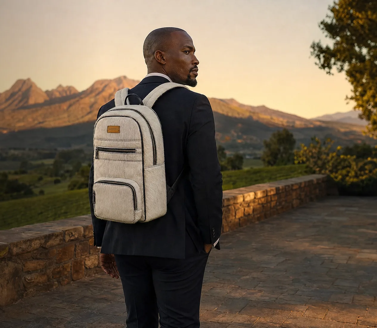 Man in a dark suit on a Franschhoek wine estate terrace wearing the CHARGEO Zulu Treasure White Leather Backpack