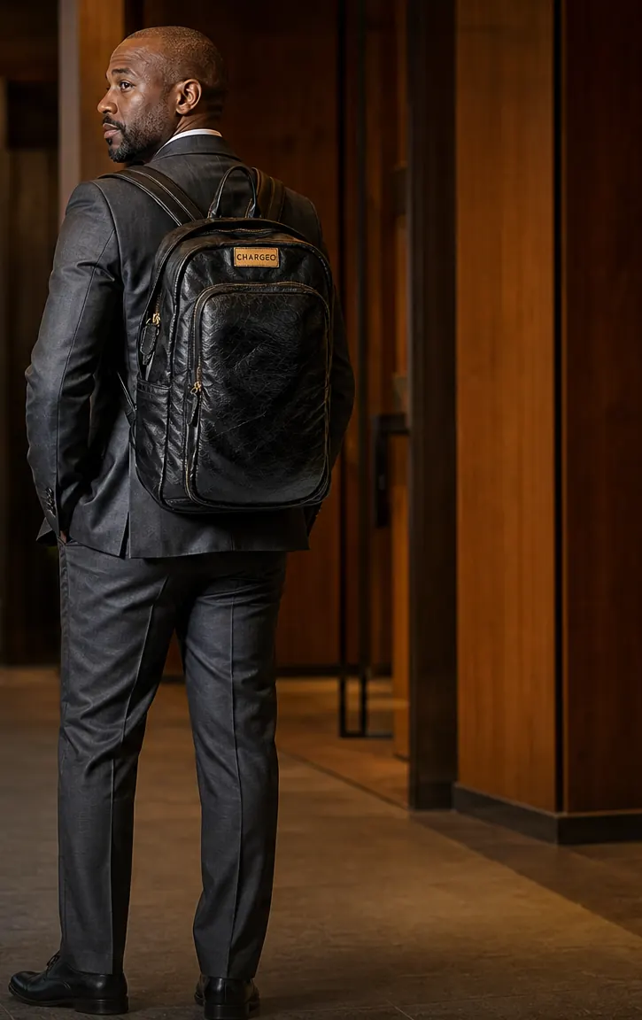 Man in a charcoal three-piece suit in the wood-panelled lobby of a Sandton hotel wearing the CHARGEO Parktown Leather Backpack in Charcoal on both shoulders