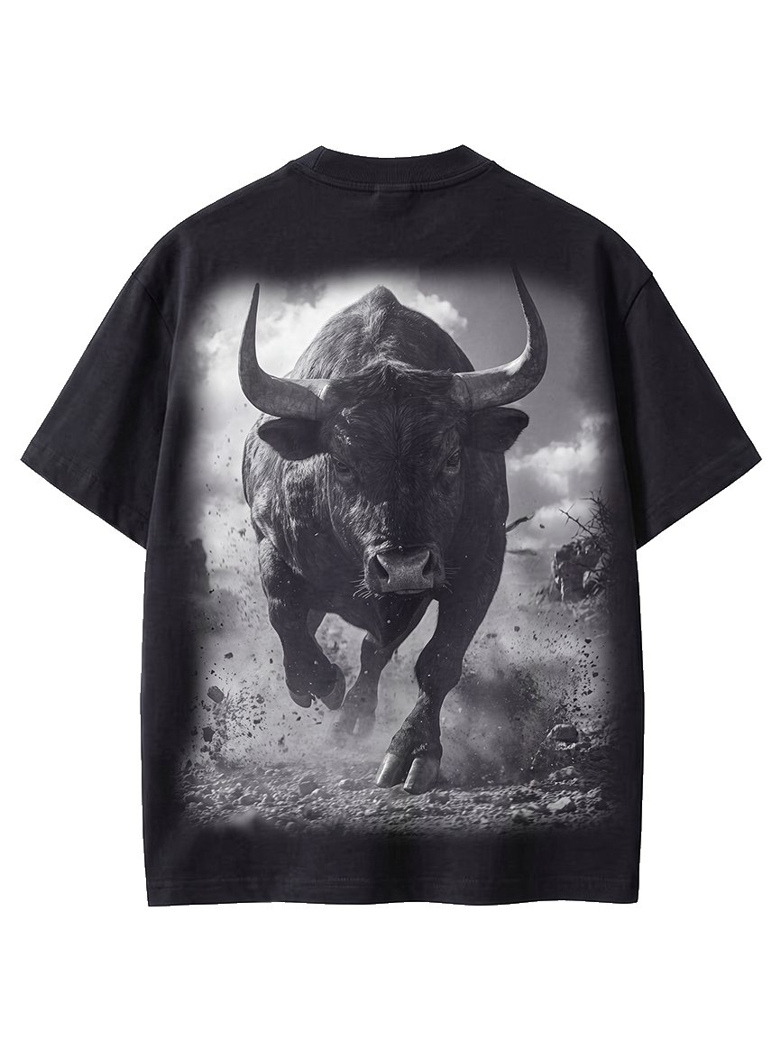 The back of the black CHARGEO T-shirt with the charging bull artwork