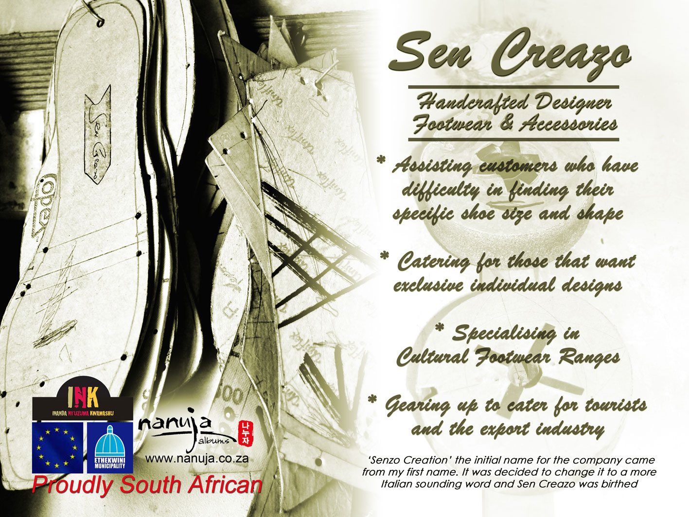 Sen Creazo brochure cover with paper shoe patterns hanging in the workshop