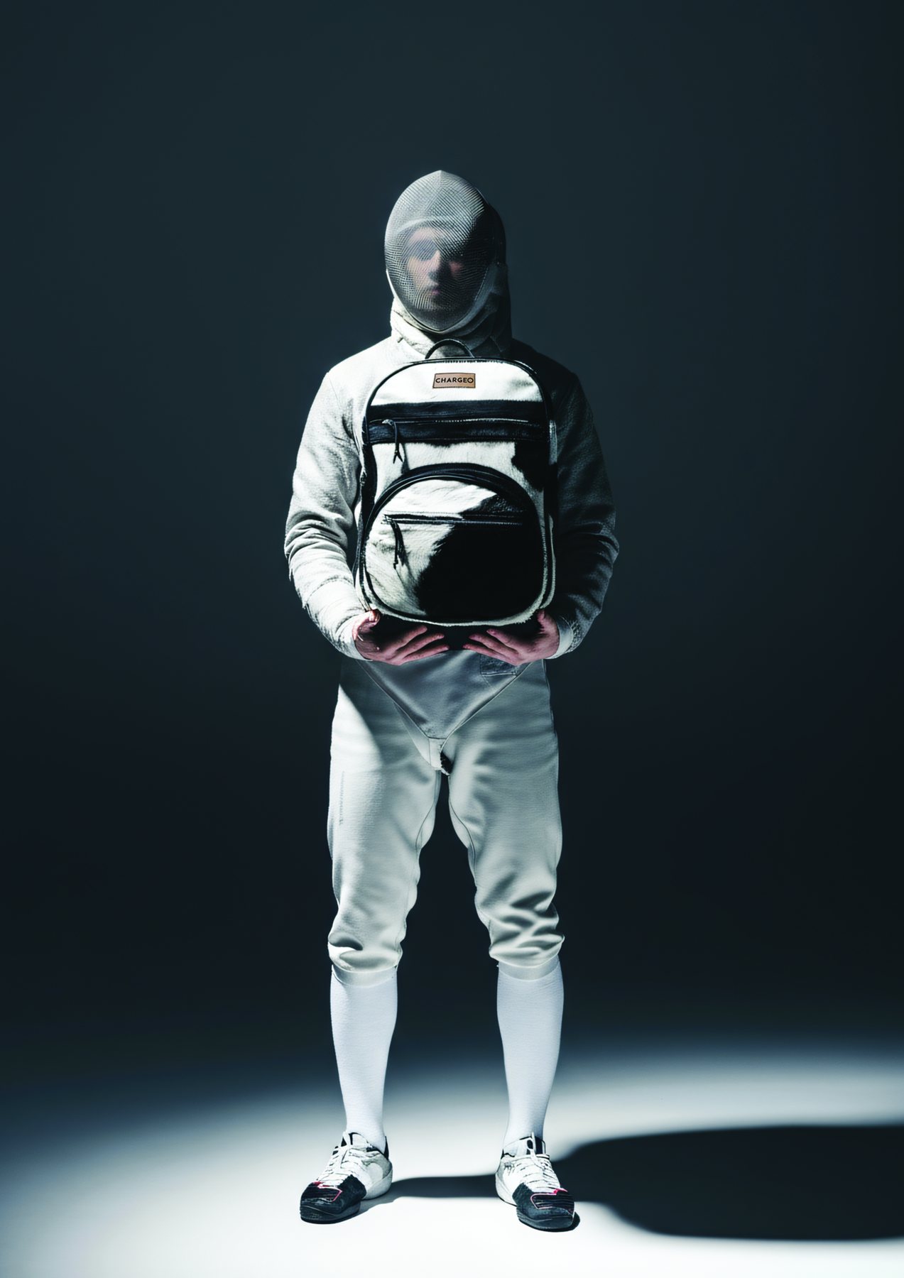 A man in a white fencing suit and mask holding the CHARGEO Zulu Treasure Leather Backpack