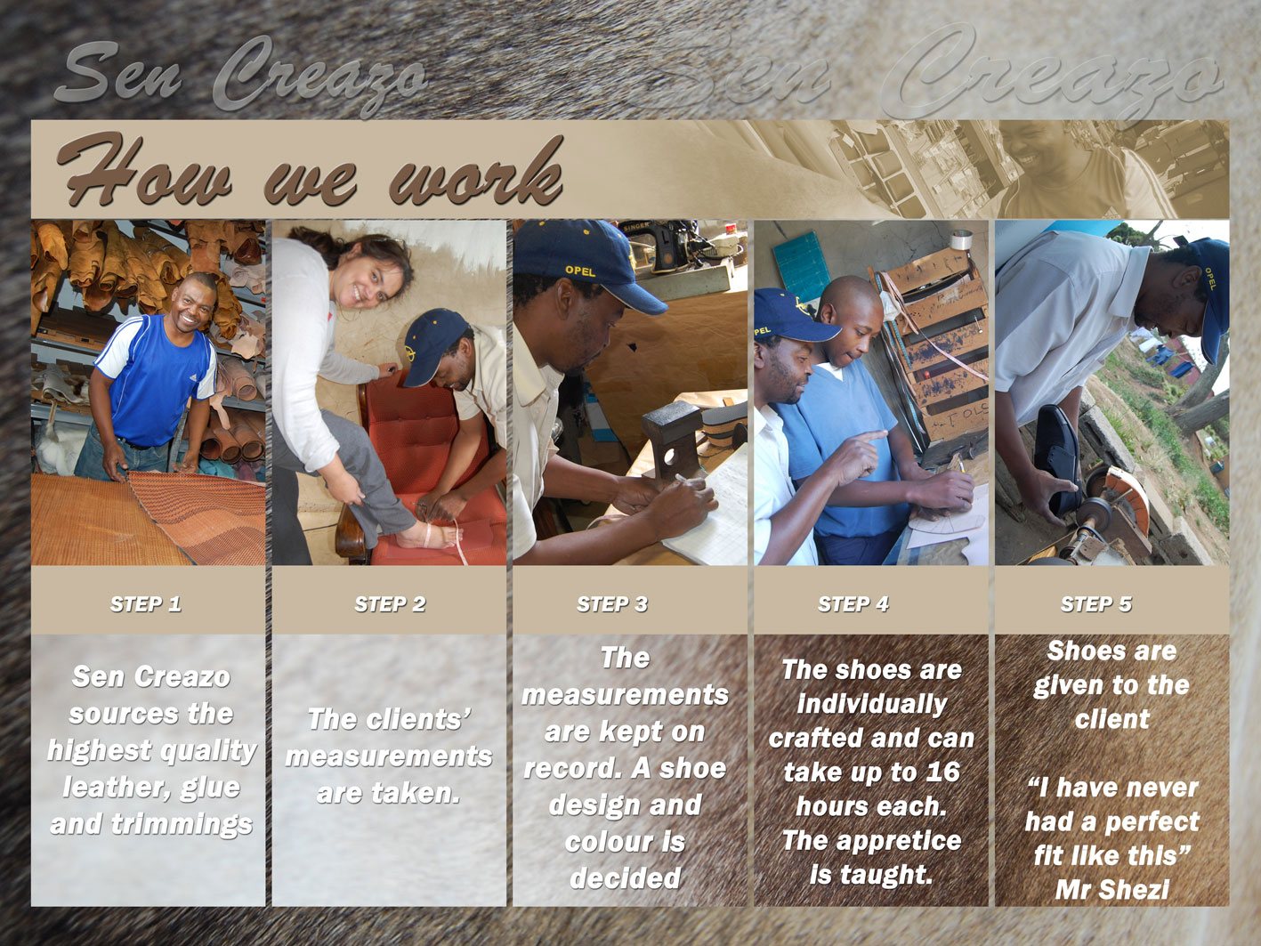 Sen Creazo brochure page "How we work", five steps from sourcing leather to the finished shoes