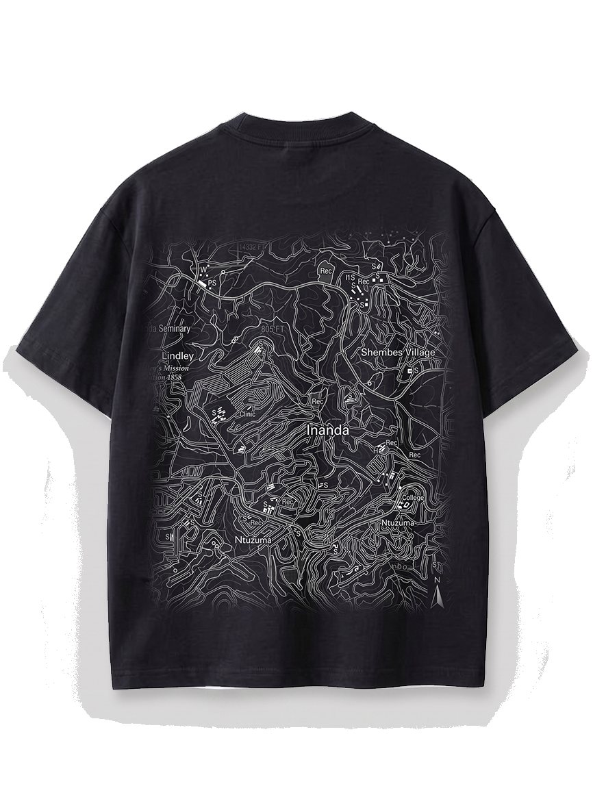 The back of the black CHARGEO T-shirt with a map of Inanda