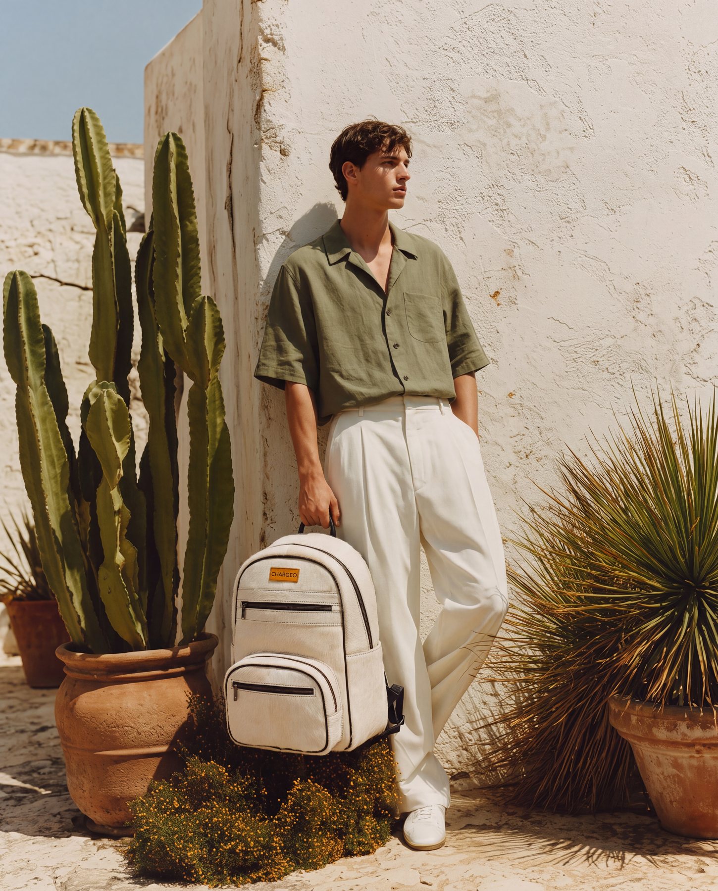 A man beside a sunlit wall with a CHARGEO Zulu Treasure Leather Backpack