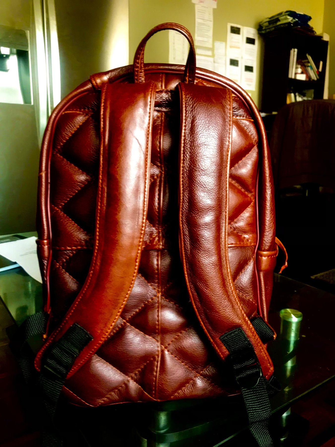 An early CHARGEO leather backpack with a quilted back, September 2021
