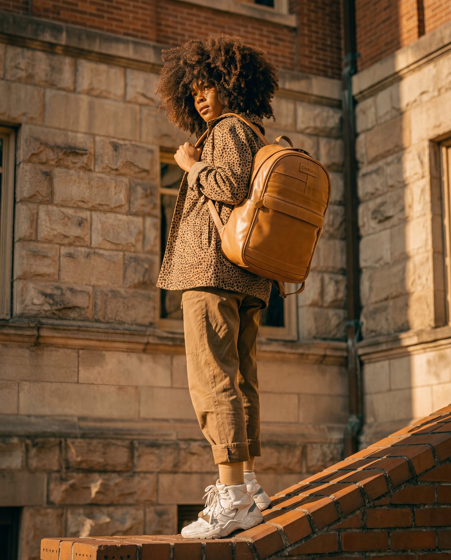 A woman on stone steps in the city wearing the CHARGEO Sandton Leather Backpack in tan