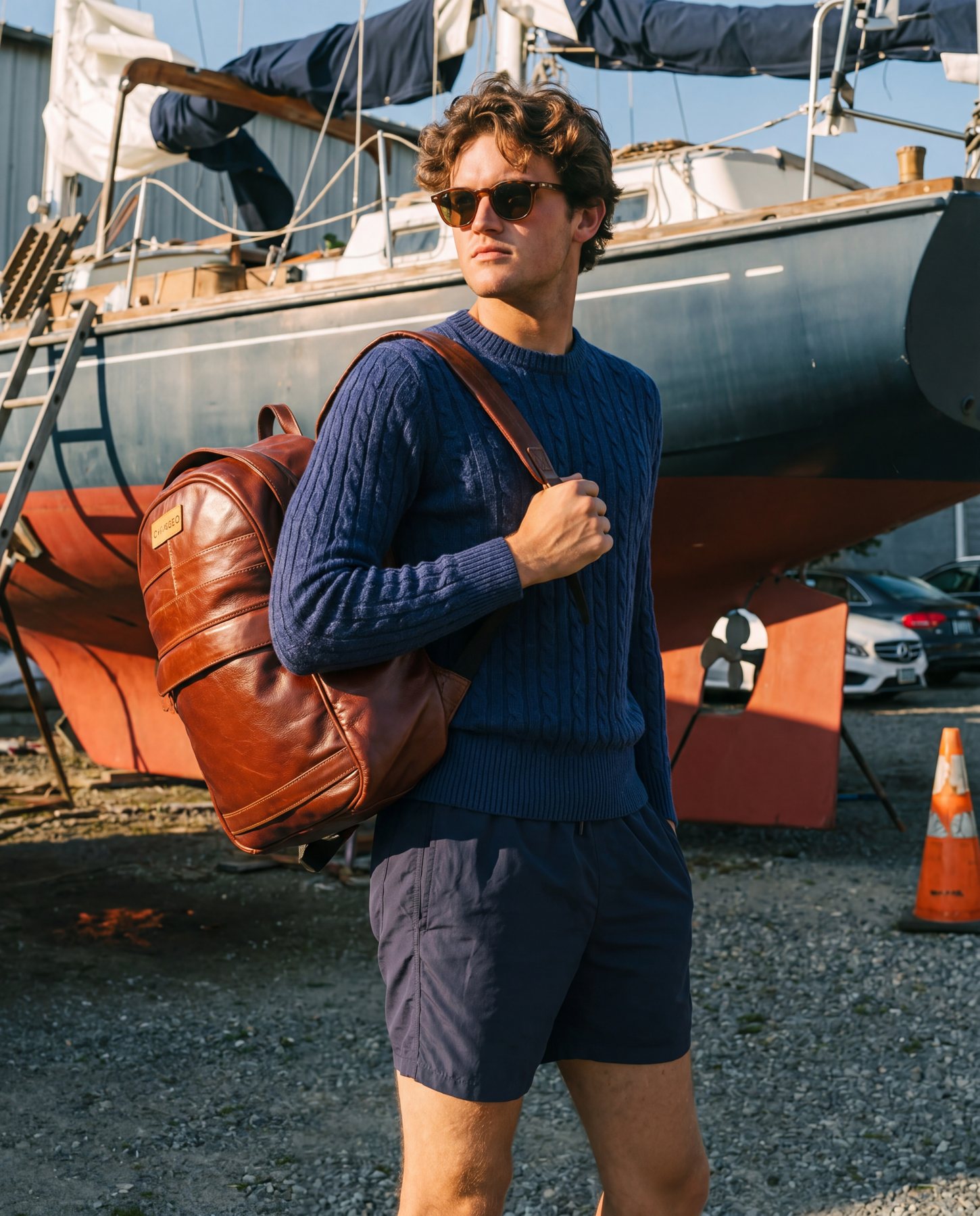A man in a navy sweater at a boatyard wearing the CHARGEO Sandton Leather Backpack in Cognac