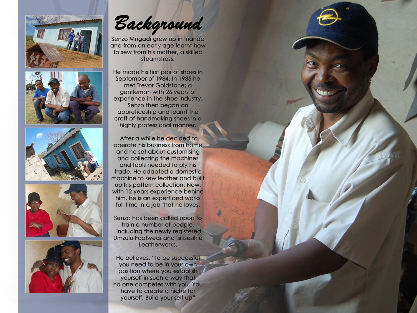 Page from the Sen Creazo brochure of Mr Mngadi Senior, with a portrait of him in his workshop