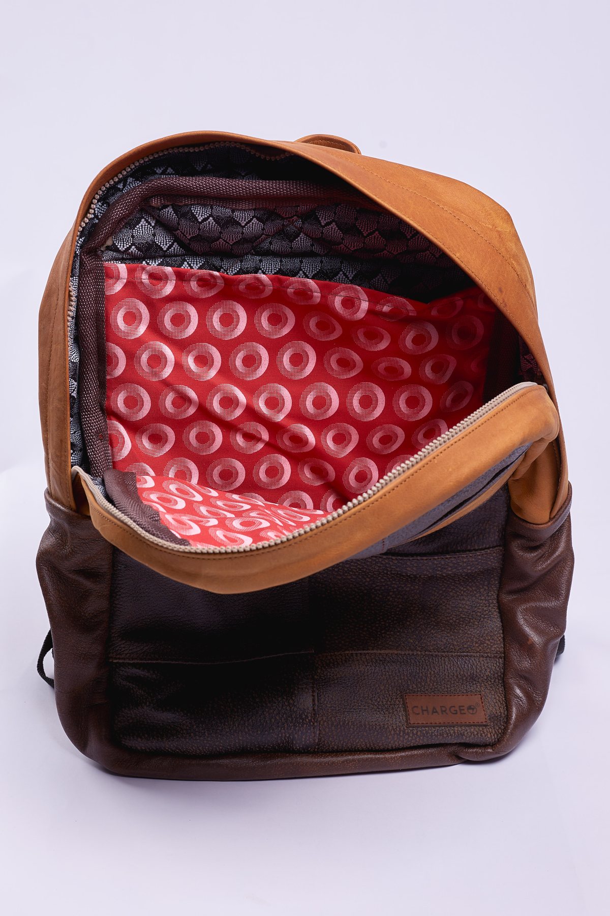 Studio photograph of the Fourways Leather Backpack, open, January 2022