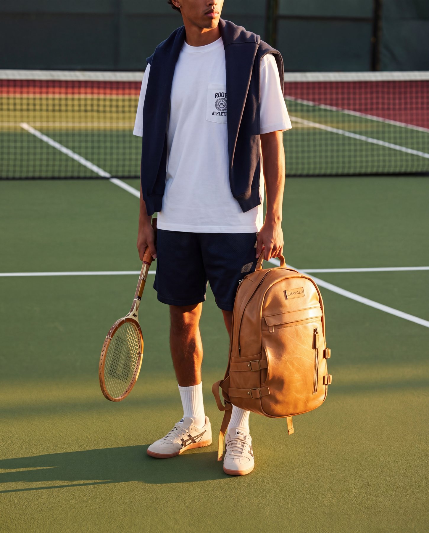 A man on a tennis court holding the CHARGEO uMhlanga Leather Backpack in tan