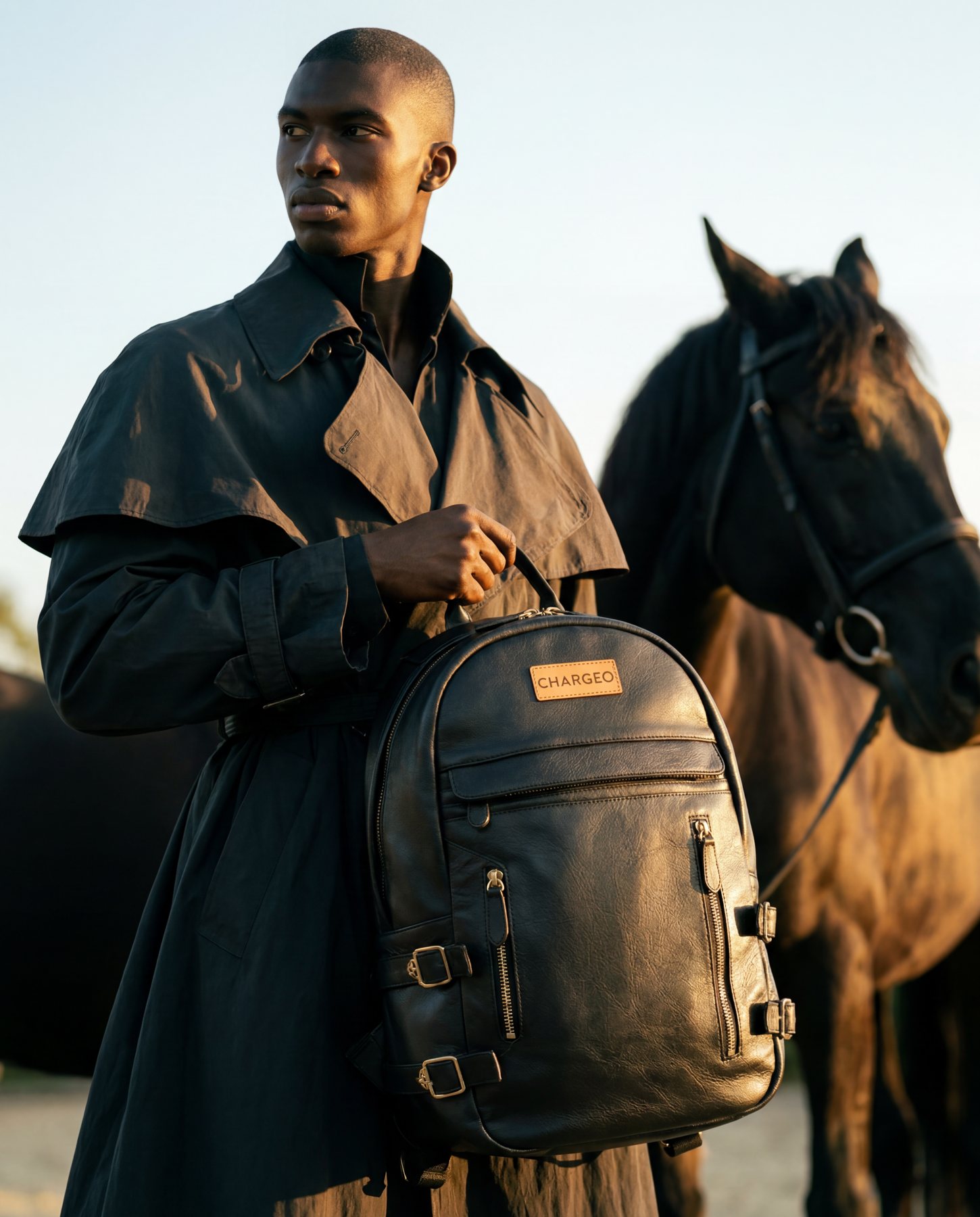 A man in a dark trench coat beside a horse holding the CHARGEO uMhlanga Leather Backpack in black