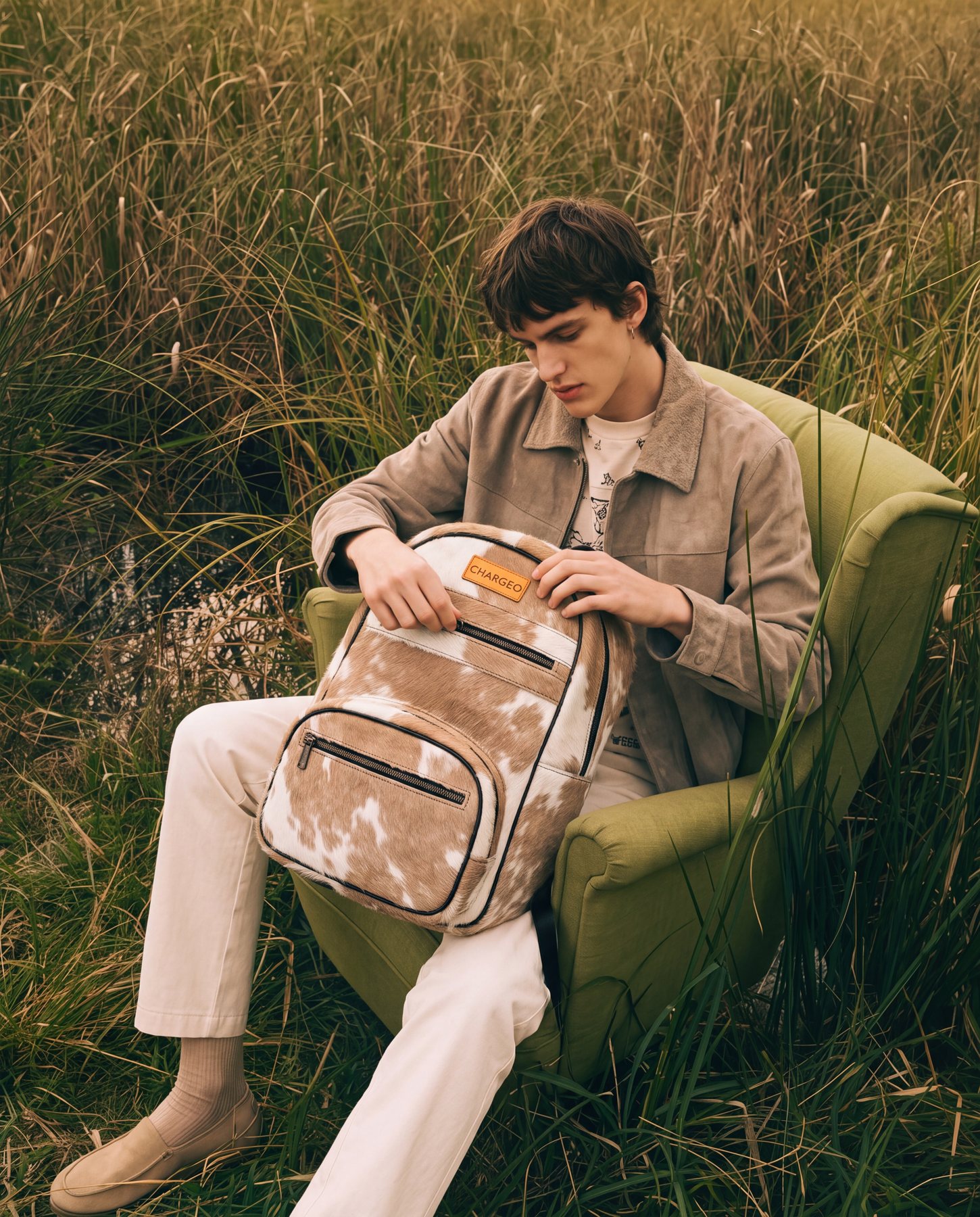 A man seated in a green armchair outdoors with the CHARGEO Zulu Treasure Leather Backpack in Nguni hide
